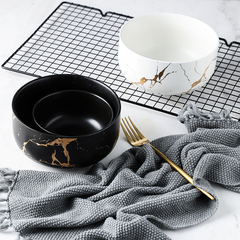Nordic Marble-Effect Porcelain Bowl with Gold Detail