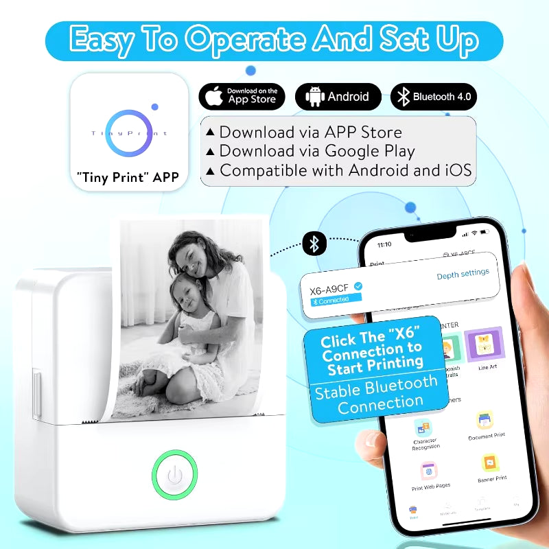 Compact Inkless Thermal Mini Sticker Printer - Bluetooth Pocket Printer for Photos and Memos