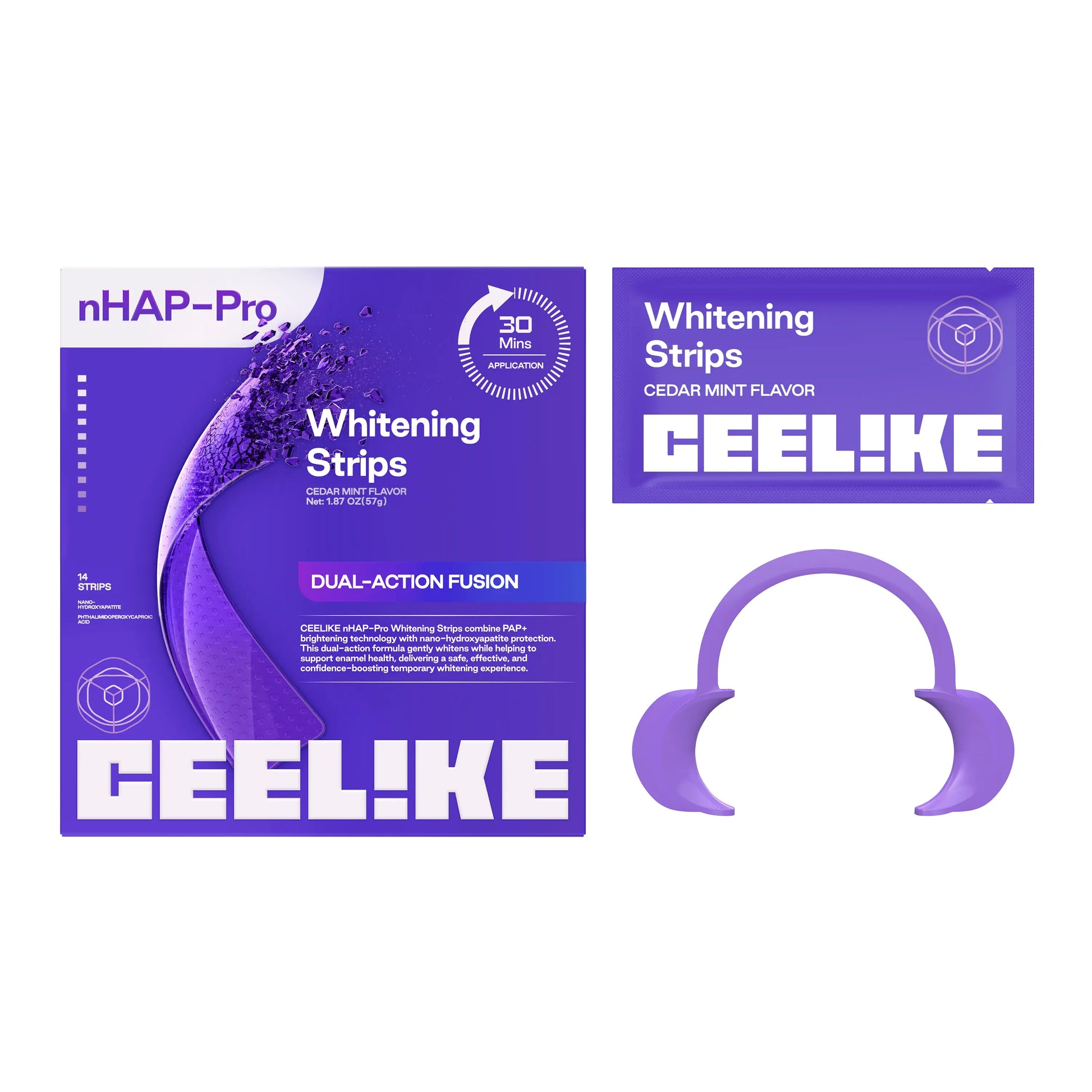 CEELIKE Purple Teeth Whitening Strips with Complimentary Cheek Retractor - 7/21 Whitening Sessions - Enamel-Safe Nano-Hydroxyapatite Formula - Non-Sensitive and Peroxide-Free Whitening Solution
