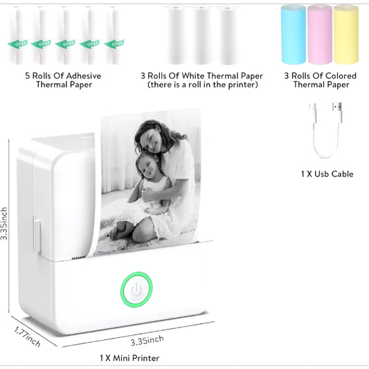 Compact Inkless Thermal Mini Sticker Printer - Bluetooth Pocket Printer for Photos and Memos