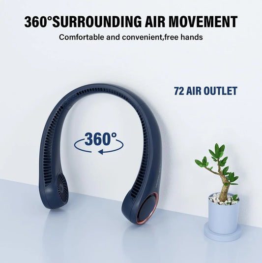 USB Rechargeable Neck Fan with Adjustable 3-Speed Settings, 360° Cooling, Quiet Operation, Blade-Free Design, Ideal for Summer Use