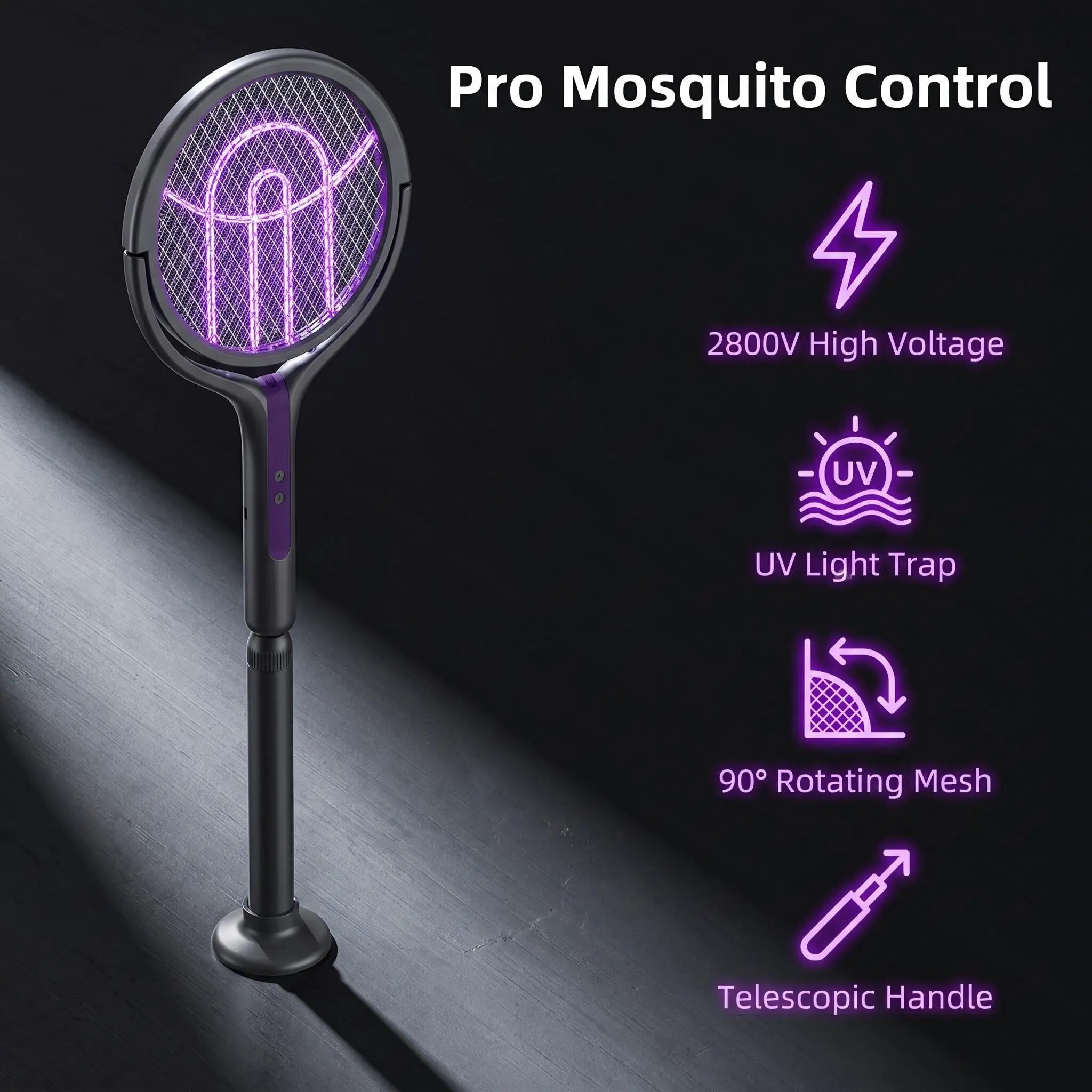 Retractable Electric Fly Swatter, 90° Rotatable Foldable Bug Zapper Racket with Extendable Telescopic Handle, Purple Light Mosquito Attractor, USB Rechargeable 2 in 1 Indoor Outdoor Pest Control for Home Backyard Camping Father'S Day Gift