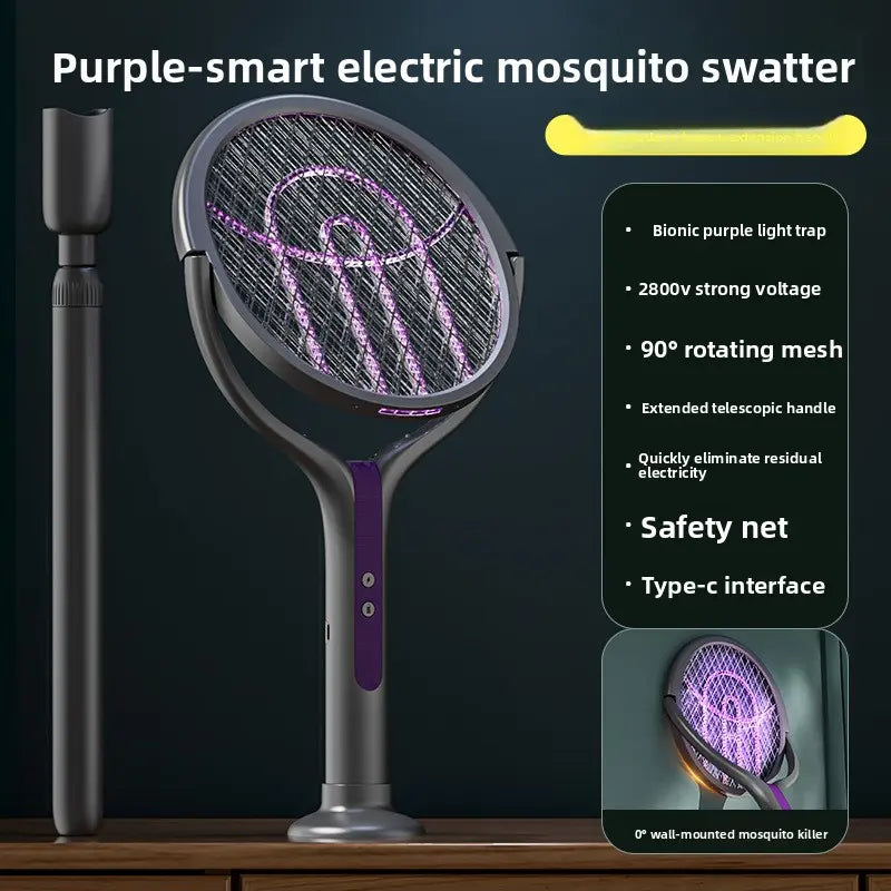 Retractable Electric Fly Swatter, 90° Rotatable Foldable Bug Zapper Racket with Extendable Telescopic Handle, Purple Light Mosquito Attractor, USB Rechargeable 2 in 1 Indoor Outdoor Pest Control for Home Backyard Camping Father'S Day Gift