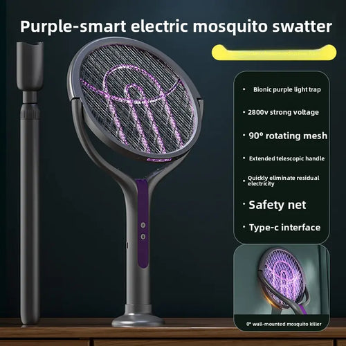 Retractable Electric Fly Swatter, 90° Rotatable Foldable Bug Zapper Racket with Extendable Telescopic Handle, Purple Light Mosquito Attractor, USB Rechargeable 2 in 1 Indoor Outdoor Pest Control for Home Backyard Camping Father'S Day Gift